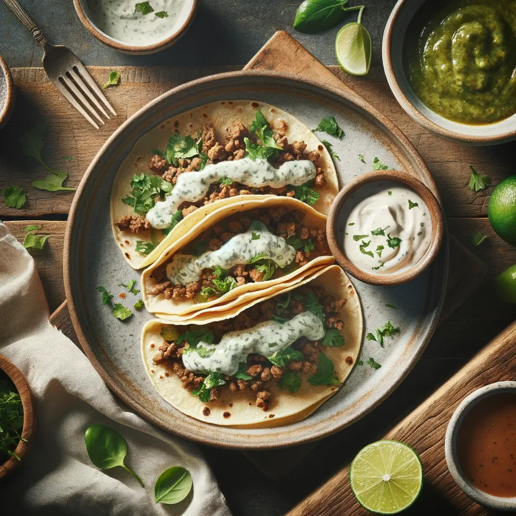 An overhead photo of assembled lamb tacos with tzatziki sauce ready to be served