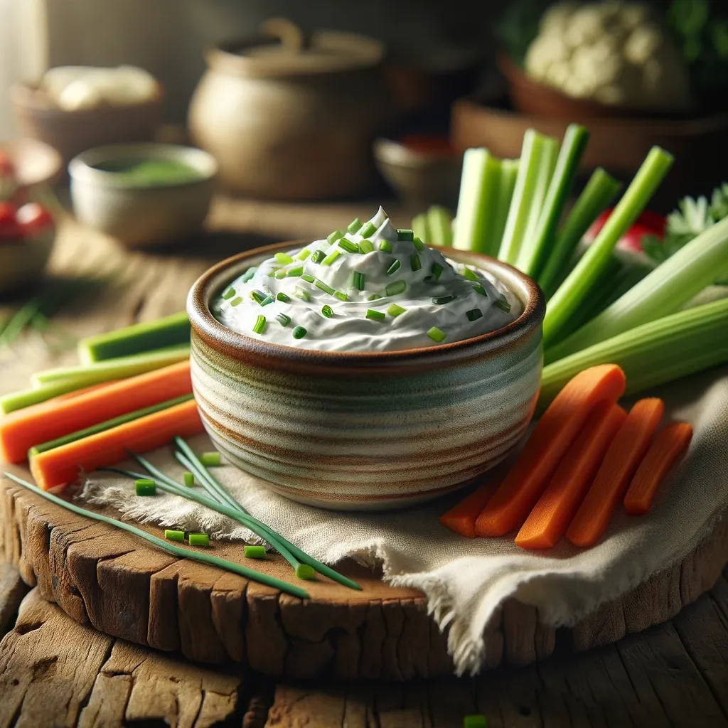 Creamy lawson chip dip garnished with spring onions and surrounded by colourful crunchy chopped vegetables.