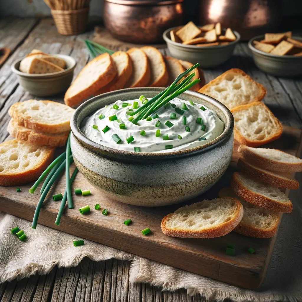 Creamy lawson chip dip garnished with spring onions and surrounded by a beatiful sliced sourdough loaf.