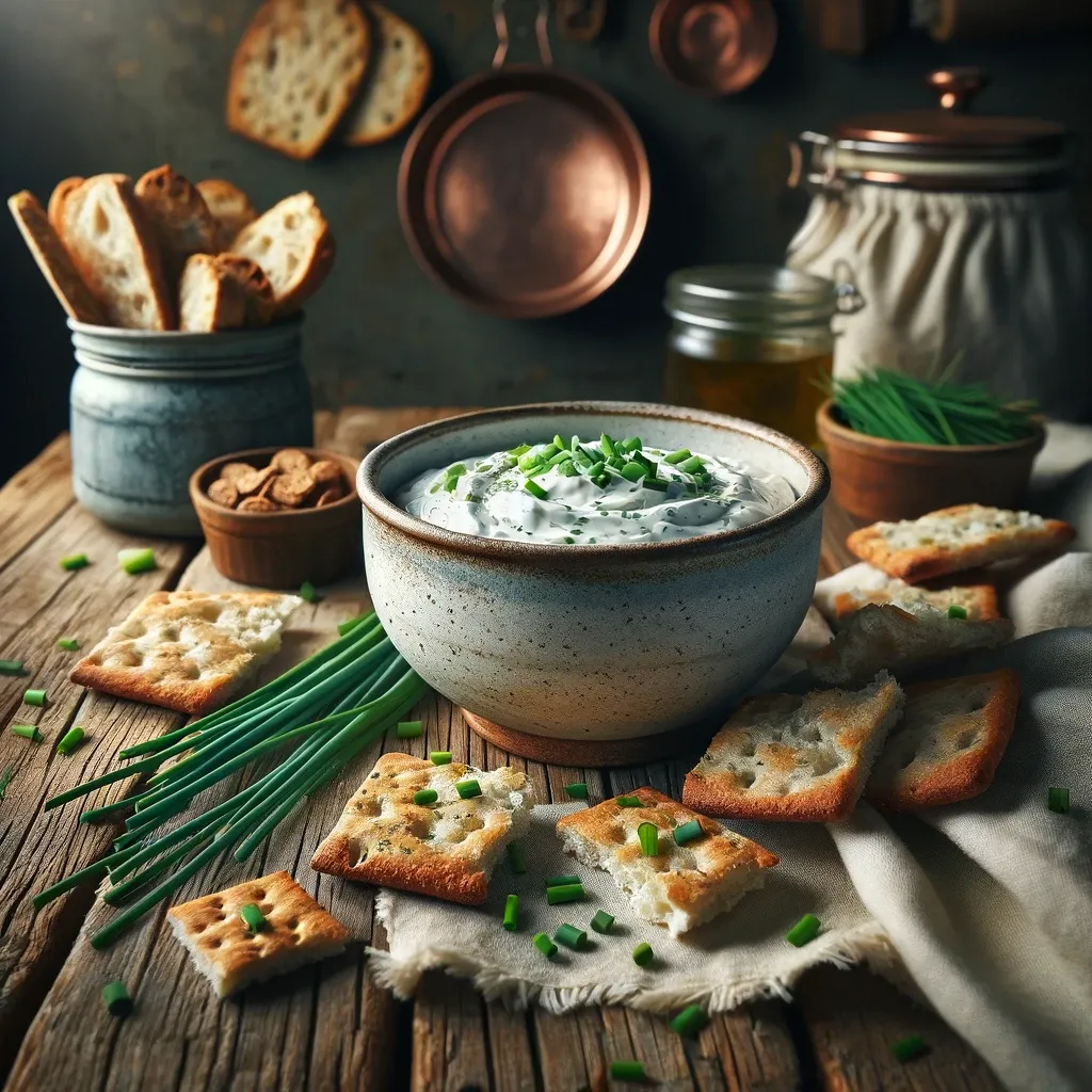 Creamy lawson chip dip garnished with spring onions and surrounded by a spring onion and crackers.