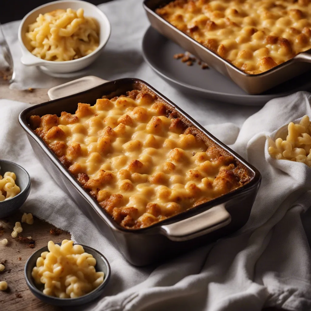 A baking dish of fresh out of the oven of mac and cheese (without milk). It has a golden-brown crust with pasta surrounding it.