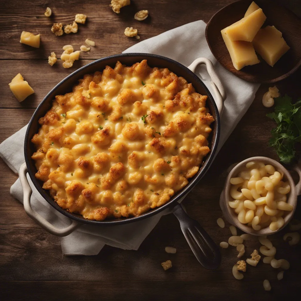 A rounded dish of beautifully cooked mac and cheese (without milk) with a golden crust on top.