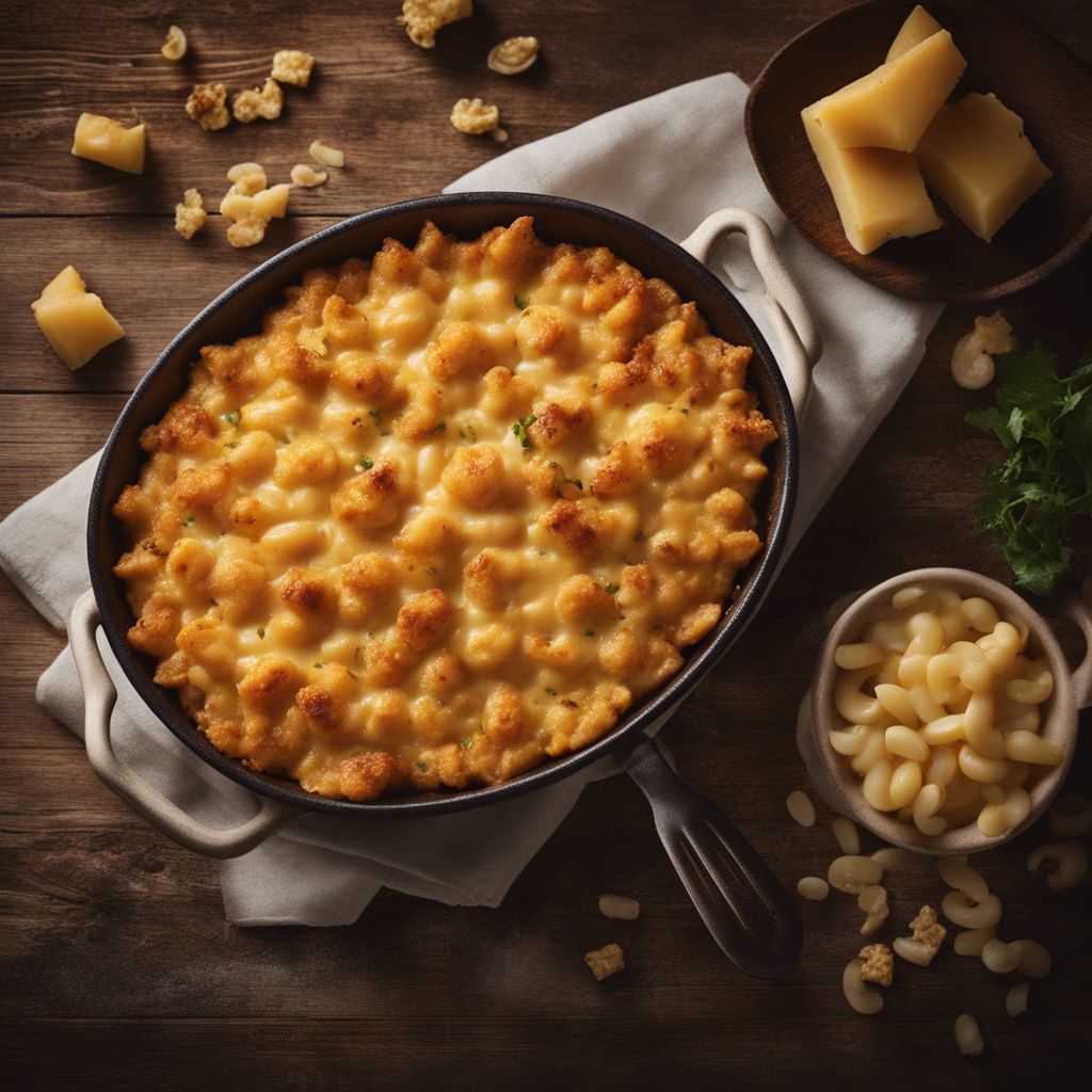A pan of baked macaroni and cheese (without milk) with a beautiful golden-brown crust; it sits on a rustic wooden board and it's surrounded by various herbs, spices, and cooking utensils, including a wooden spoon, a sprig of thyme and ground spices.