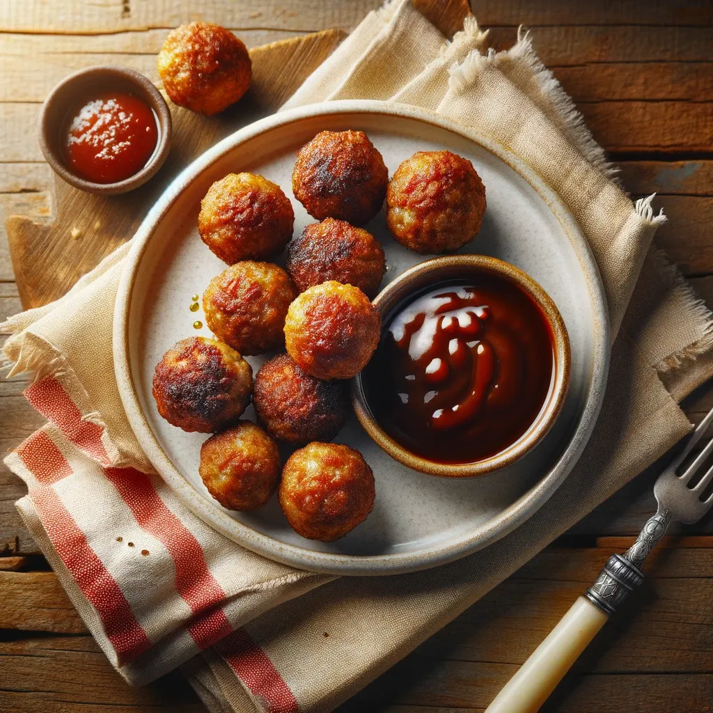 An overview photo of deep fried meatballs with dipping sauce on the side.