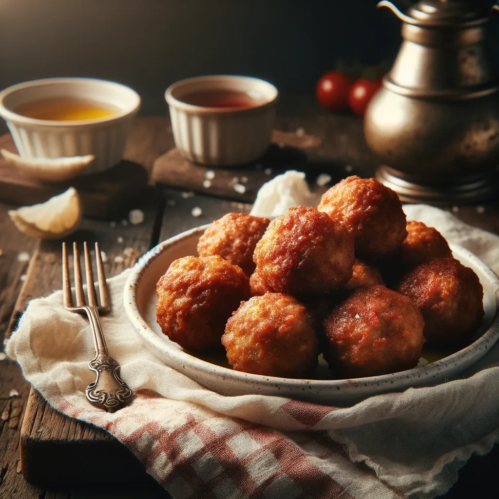 A side view of a beautiful plate of deep fried meatballs with sauces in the background