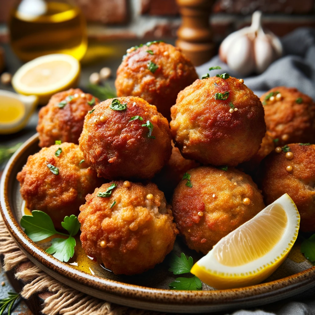 A plate of golden-brown deep-fried meatballs garnished with fresh parsley and a slice of lemon. The meatballs are served on a rustic ceramic plate, with ingredients like olive oil, garlic, and spices in the background.