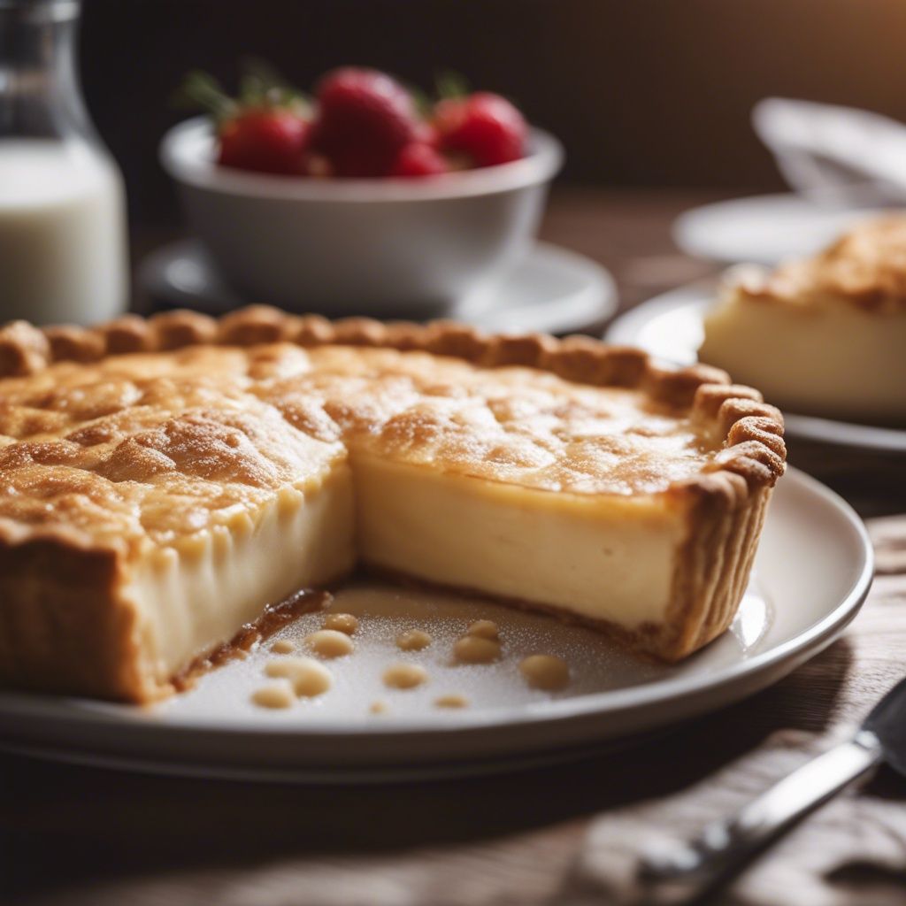 A beautifully baked milk pie; a portion has been cut, revealing a dense, creamy interior, typical of a classic milk pie. The dessert is presented on a ceramic plate and strawberries and milk sit in the background.