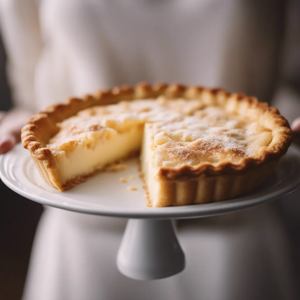 A serving tray of a milk pie lightly dusted with powdered sugar. A portion has been cut out revealing the milk pie's beautiful creamy filling.