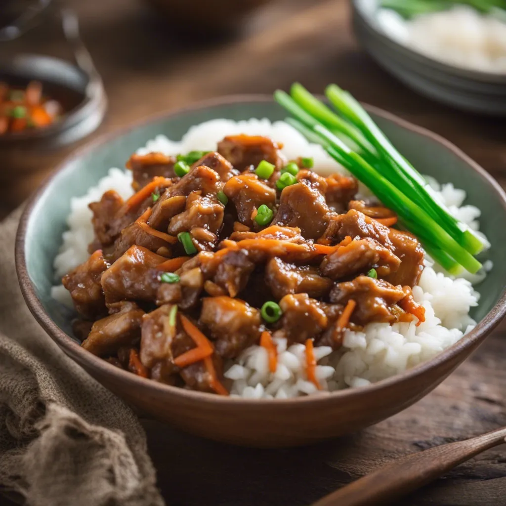 An overhead angle of beautiful Instant Pot Mongolian Chicken in brown sauce served with rice and garnished with spring onion