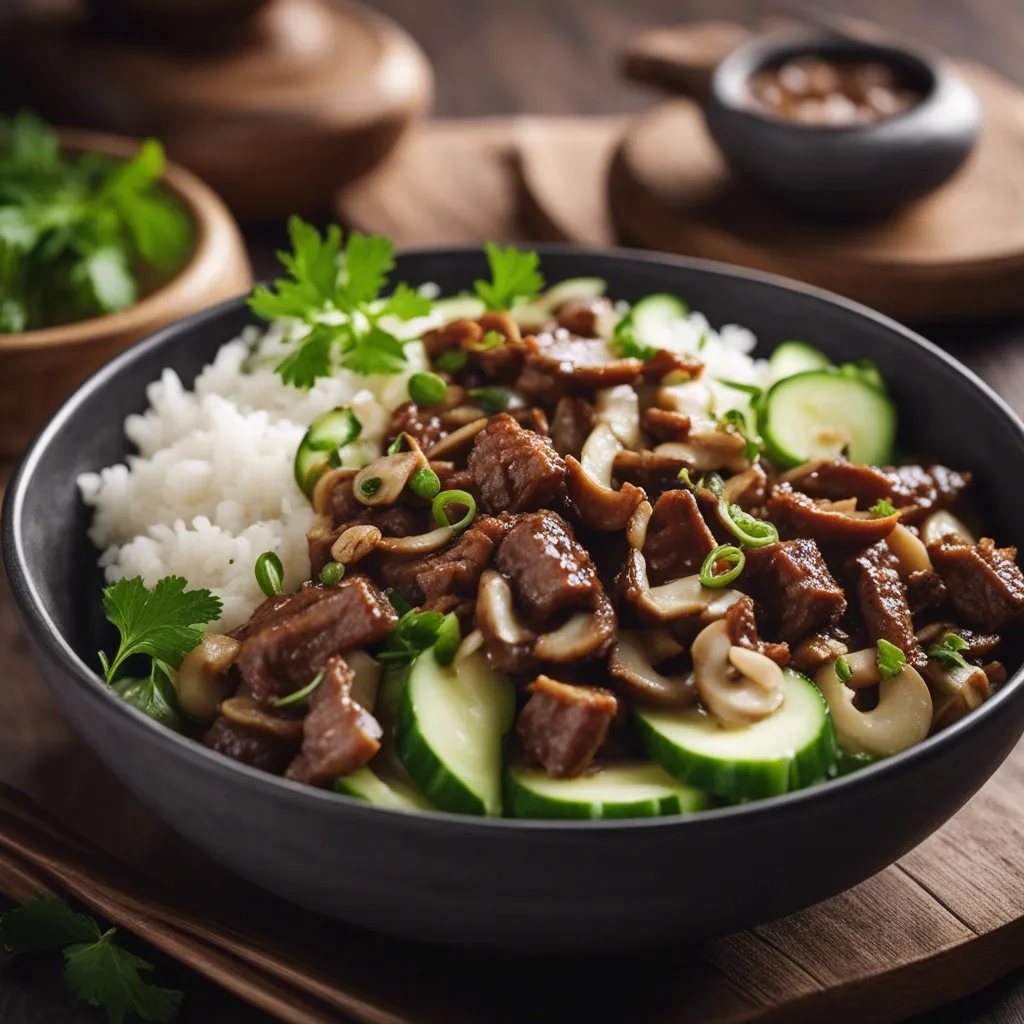 A lovely bowl of Moo Shu beef served with additional cucumbers and on a bed of rice