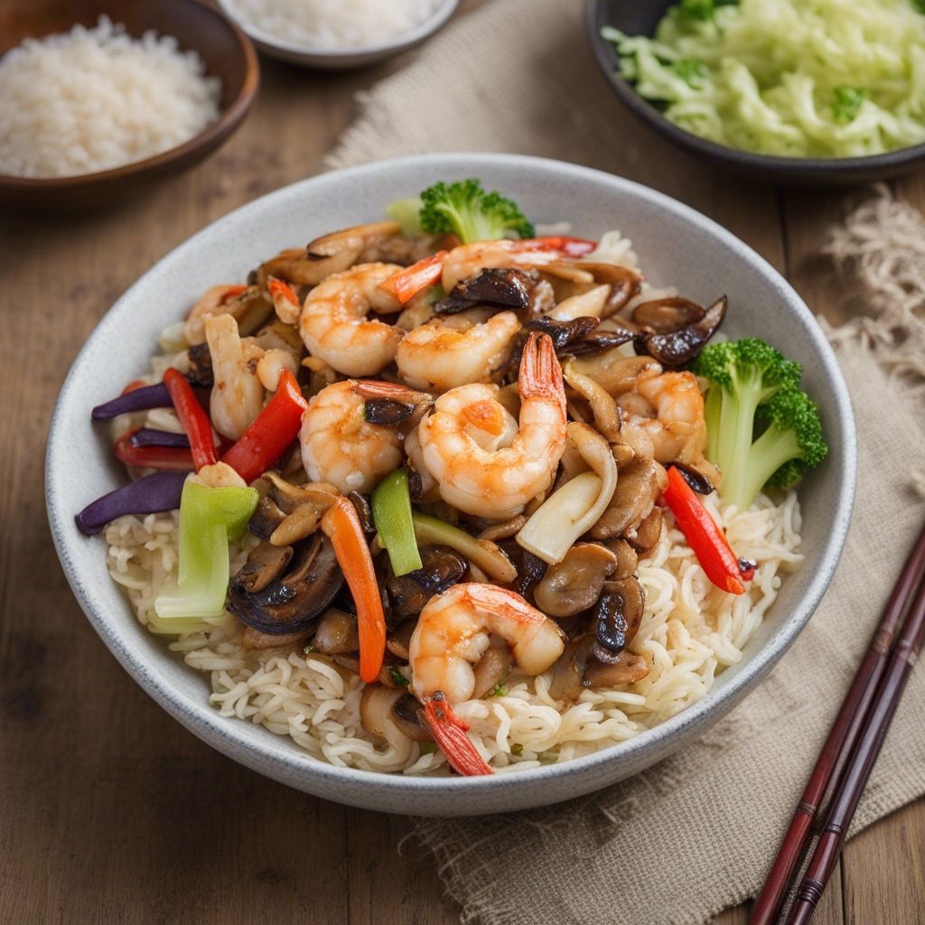 A beautiful bowl of Moo Shu Shrimp where the shrimp are big and juicy and the stir fry is a mix of celery, mushrooms, broccoli and bell peppers, served on a bed of rice.