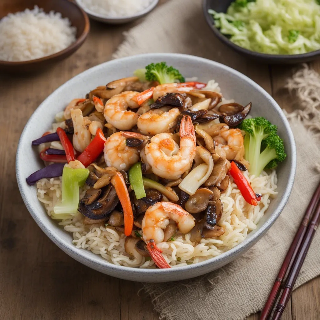A beautiful plate of moo shu shrimp served on a bed of rice.
