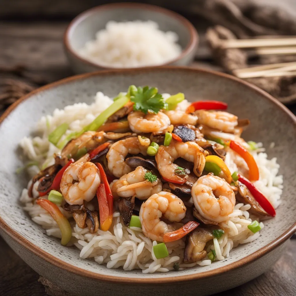 A close up of moo shu shrimp served on a bed of rice.