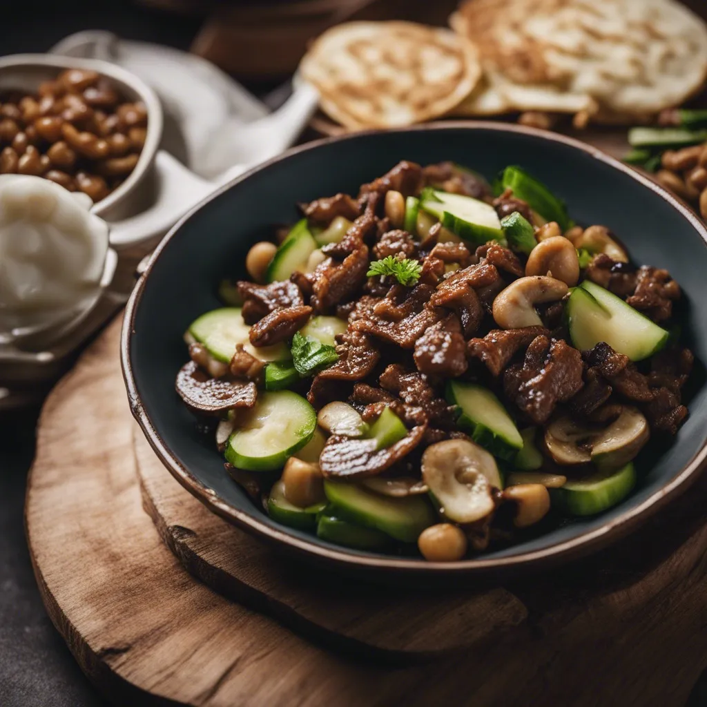 Moo shu beef stir fry with pancakes in the background ready to be served