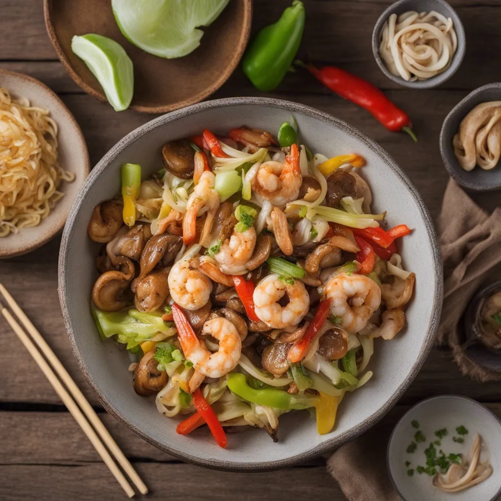 An overhead photo of a bowl of beautiful Moo shu shrimp served on a bed of rice with different ingredients surrounding the dish.