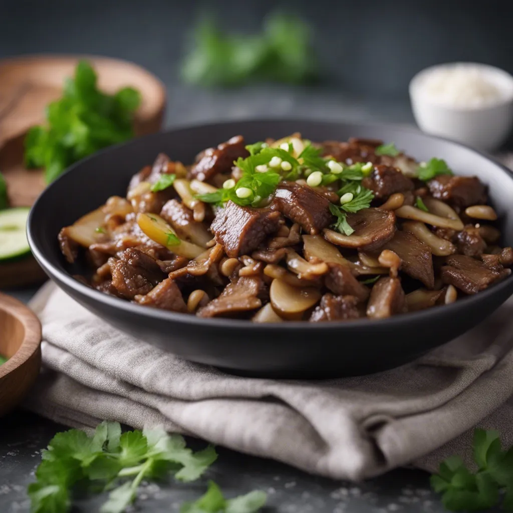 A top-down view of a bowl of Moo Shu beef served with a portion of rice which is sitting in the background.