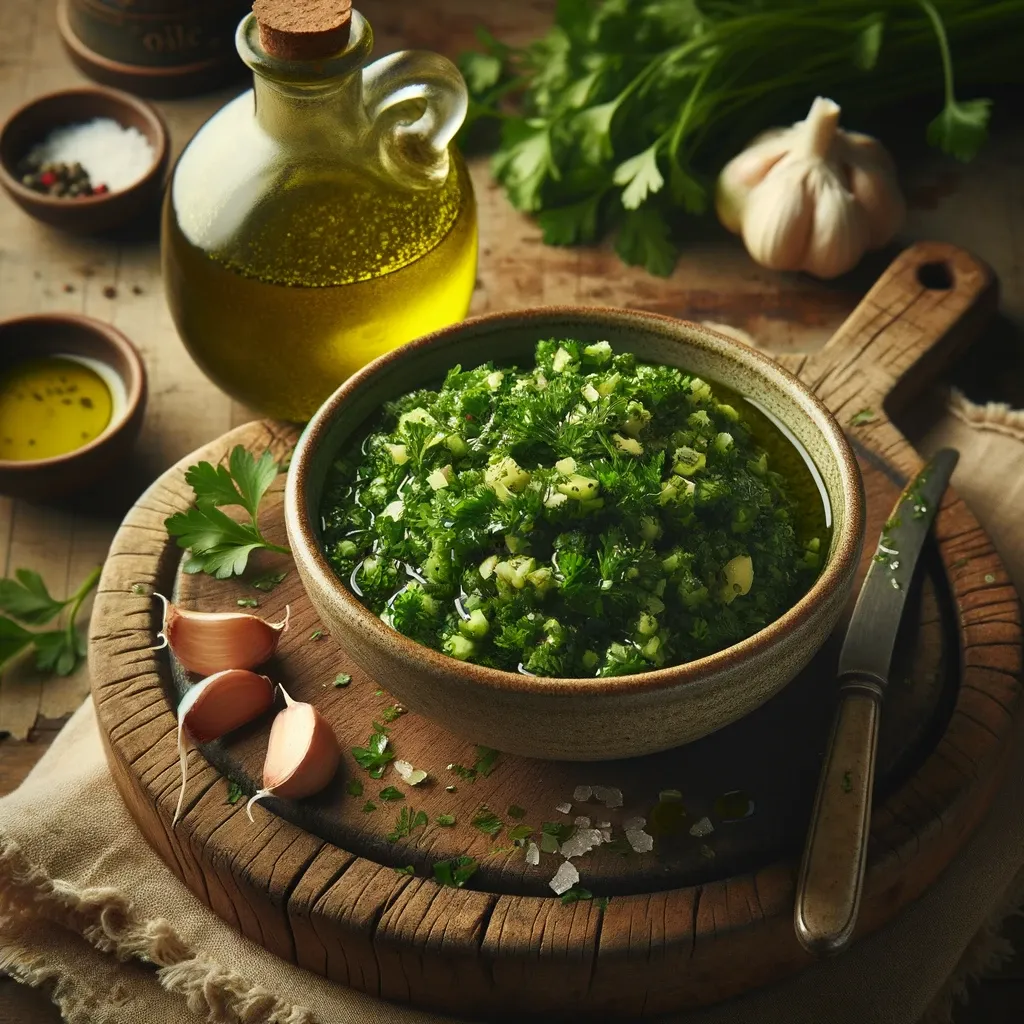 A beautiful bowl of freshly made persillade on a wooden chopping board with olive oil, herbs and garlic bulbs in the background.