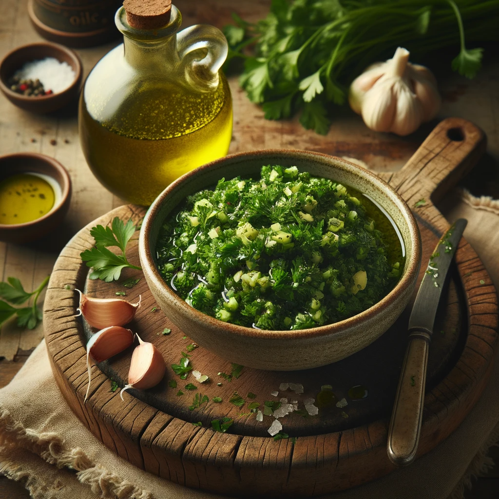 A beautiful bowl of vibrant Persillade with visible parsley leaves, garlic, oil and salt sitting on a wooden board. In the background, there are a few kitchen essentials like a bottle of olive oil and a small bowl containing olive oil, along with salt and peppercorns.