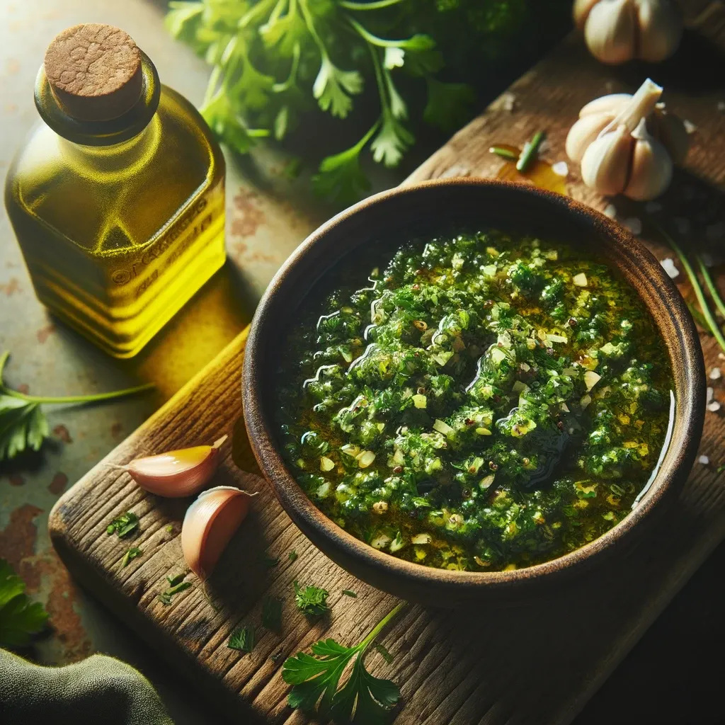 A beautiful bowl of persillade from a top down view with a bottle of olive oil sitting next to it in the background.