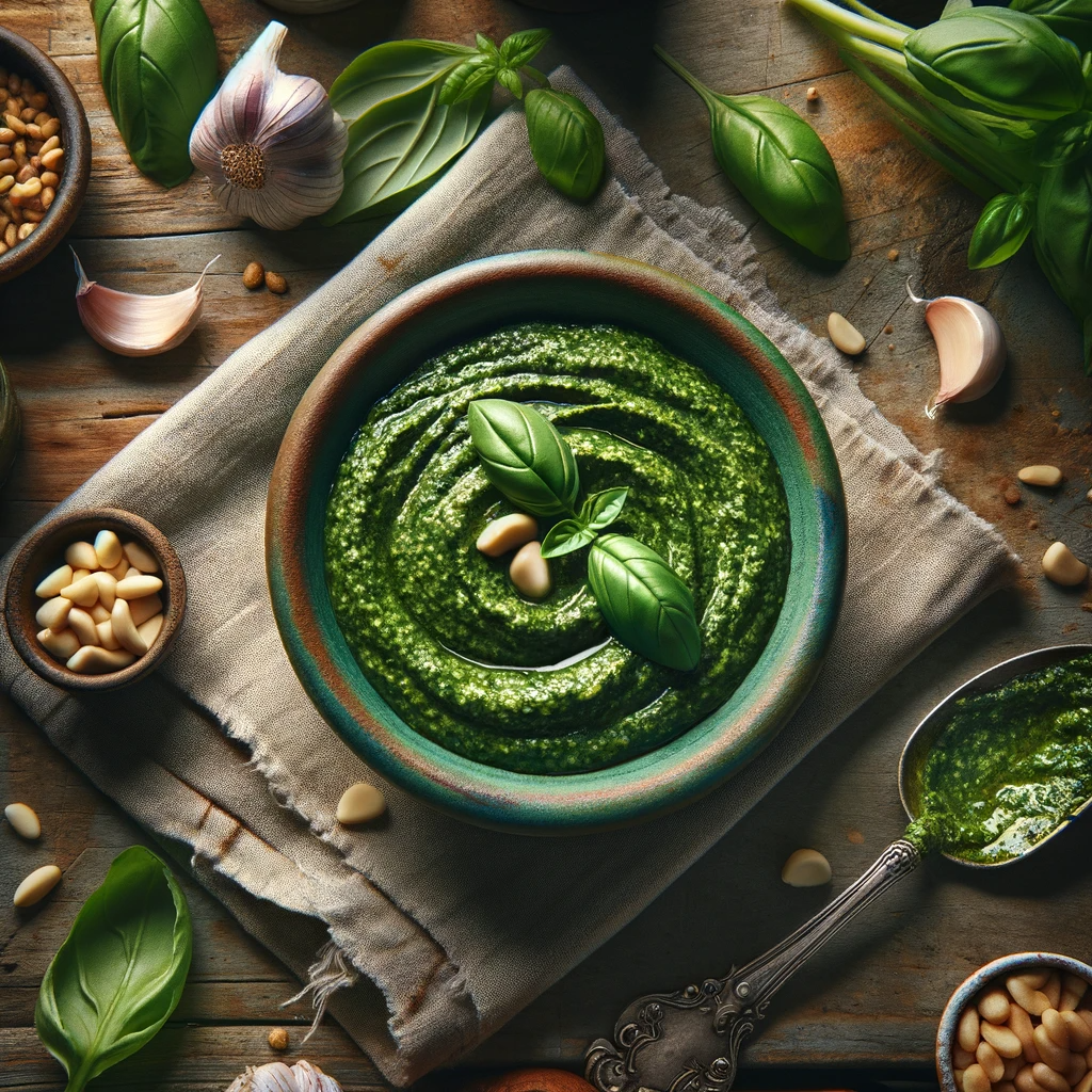 A vibrant bowl of Pesto Aioli, garnished with fresh basil leaves. The pesto's rich, deep green color shows the lovely freshness of the herbs used; blended with garlic, pine nuts, and olive oil, which are also showcased in the background of the photo.