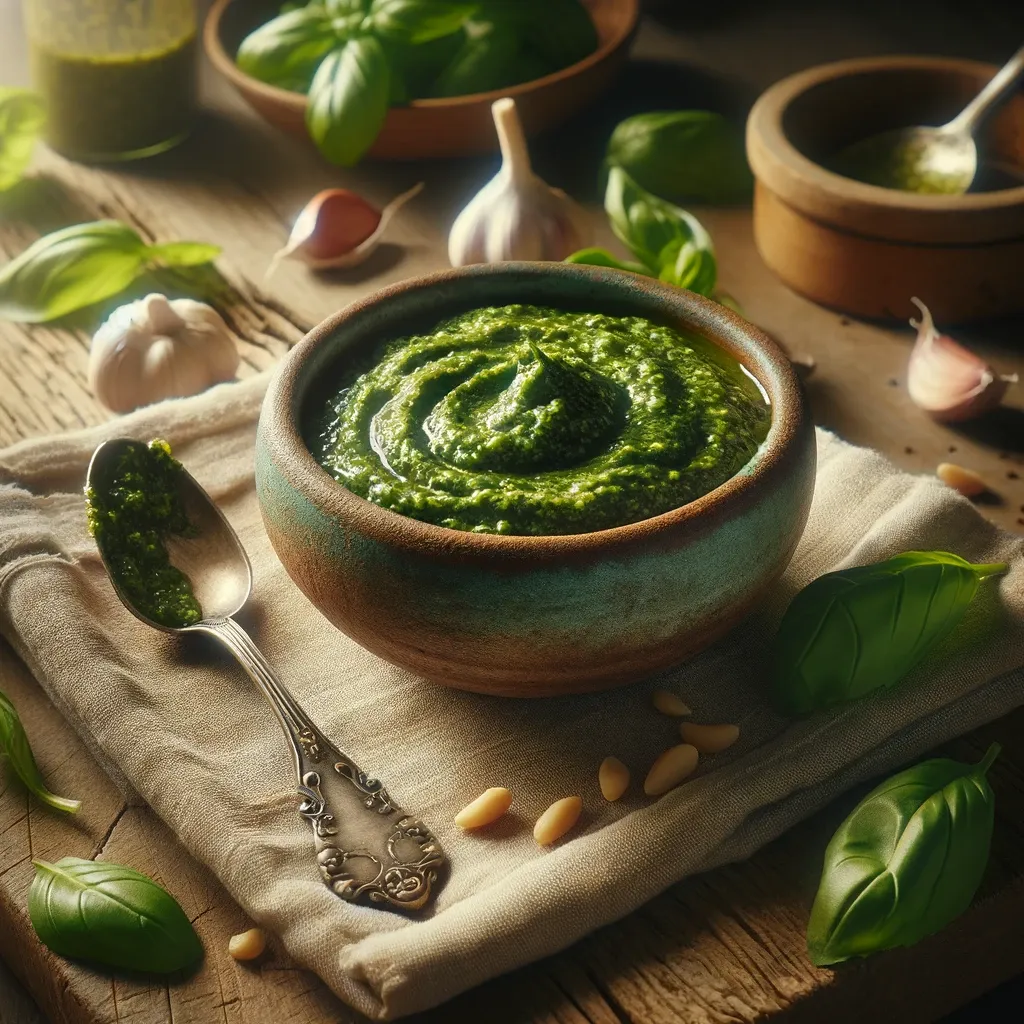 Beautiful homemade pesto aioli in a bowl placed on a kitchen cloth with garlic, basil and pine nuts in the background