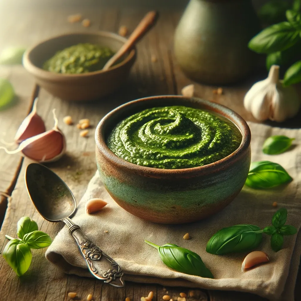 Side view of a lovely bowl of creamy pesto aioli.