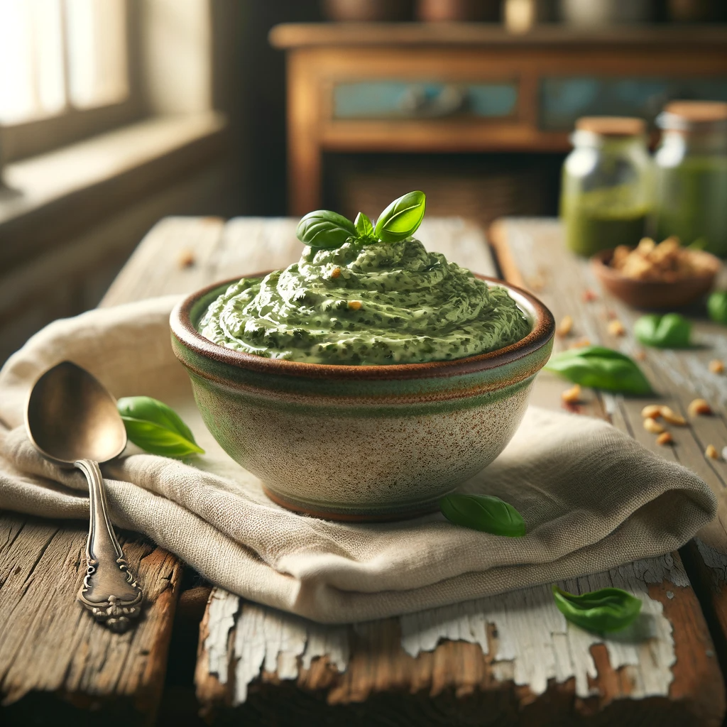 A bowl of creamy Pesto Mayo, topped with a fresh basil leaf set on a rustic wooden table. In the background, there is a small bowl of pine nuts and scattered basil leaves.
