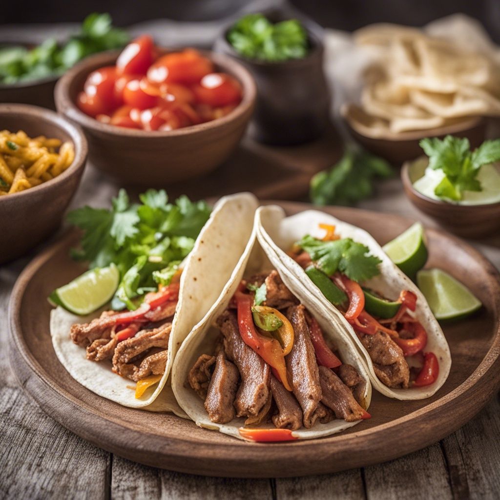 A tantalizing plate of fajitas, featuring pork and colorful bell peppers on top of a soft tortilla, garnished with a cilantro leaves. The dish is surrounded by a bowl of guacamole, two bowls of salsa and a lime wedge.