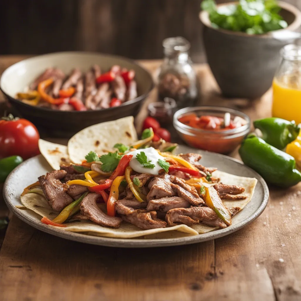 A plate of pork fajitas on a soft tortilla garnished with sour cream.