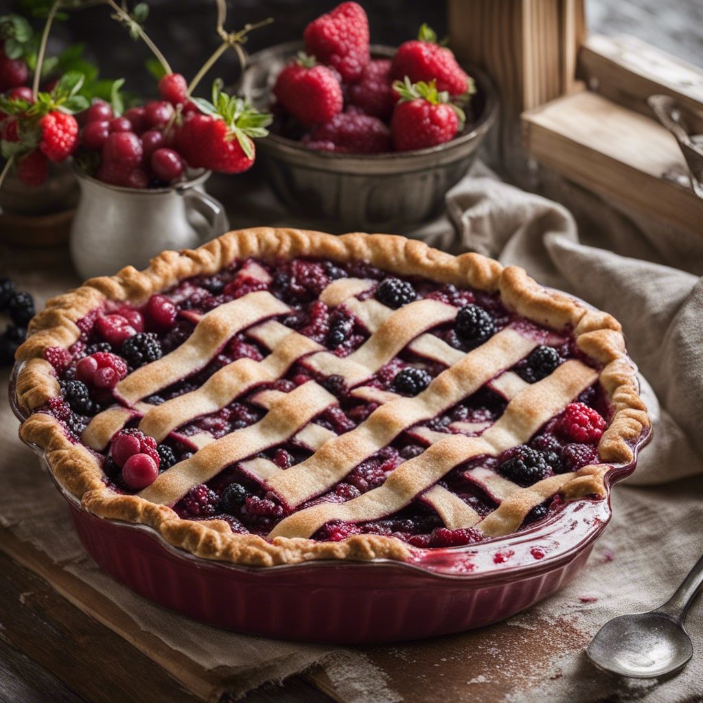 A freshly baked Razzleberry pie with a golden lattice crust, showcasing vibrant red and purple hues of the berries inside. The pie is placed on a kitchen surface, and there are bowls filled with berriesbeside it.
