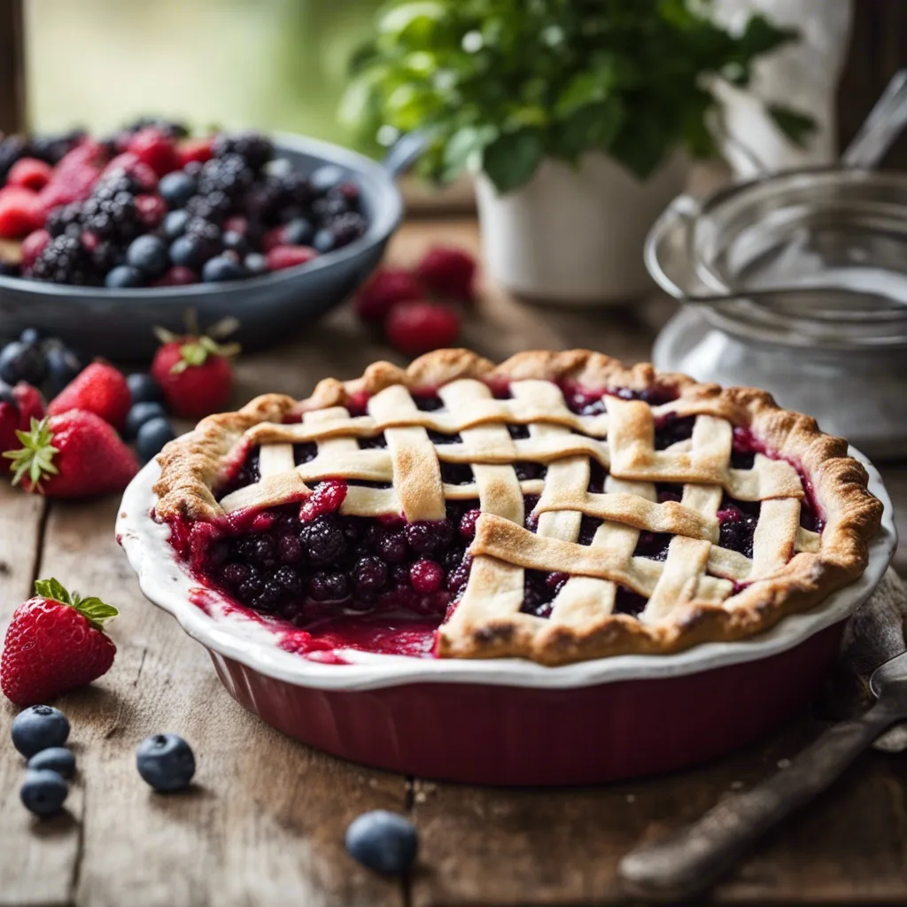 A side view of razzleberry pie wit a slice cut out exposing lovely hues of the berries - there is a bowl of fresh berries in the background and more scattered by the pie.