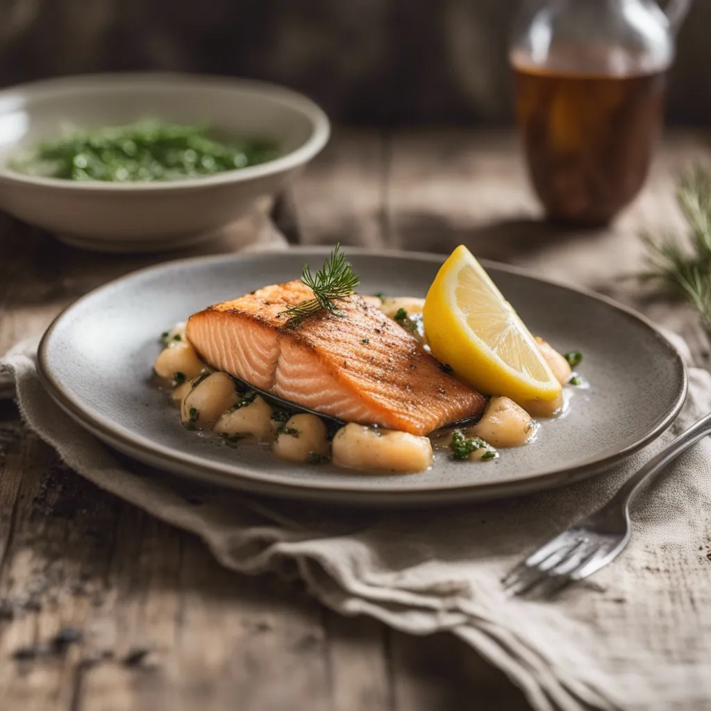 Salmon Meunière served potatoes and wedge of lemon, garnished with a sprig of herbs.