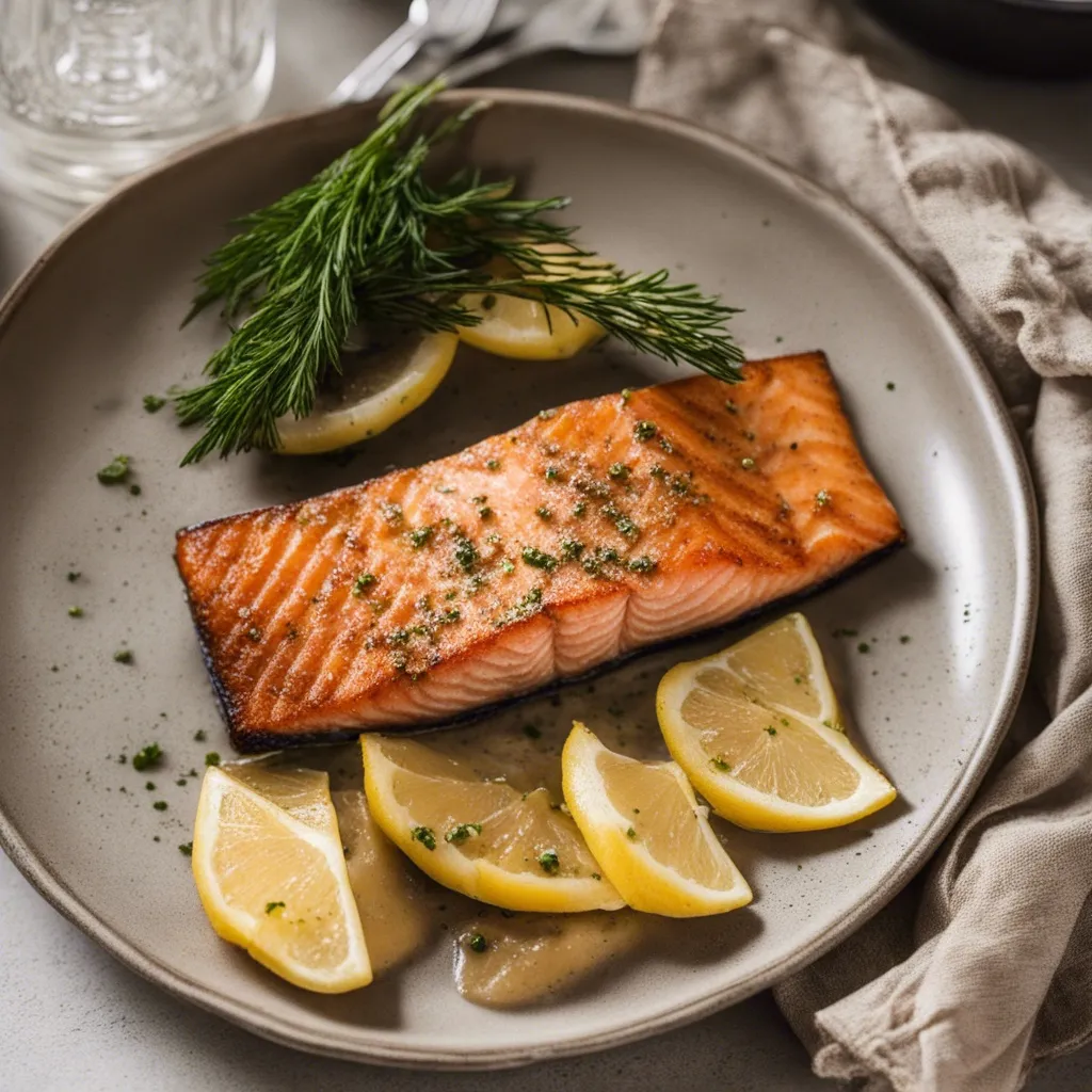 A perfectly cooked piece of salmon; the Salmon Meunière is surrounded by lemon on the plate and garnished with herbs.