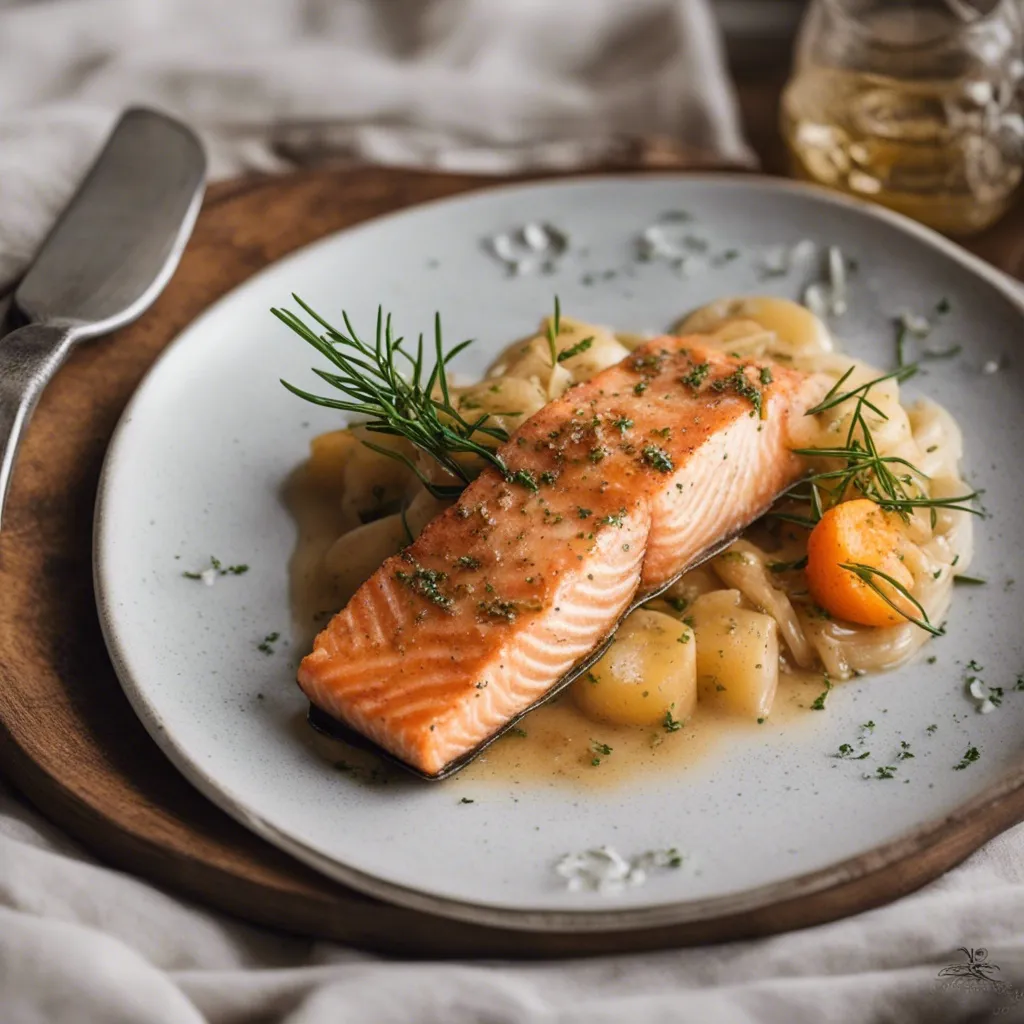 Salmon Meunière served with potatoes and a beautiful butter sauce and garnished with herbs.