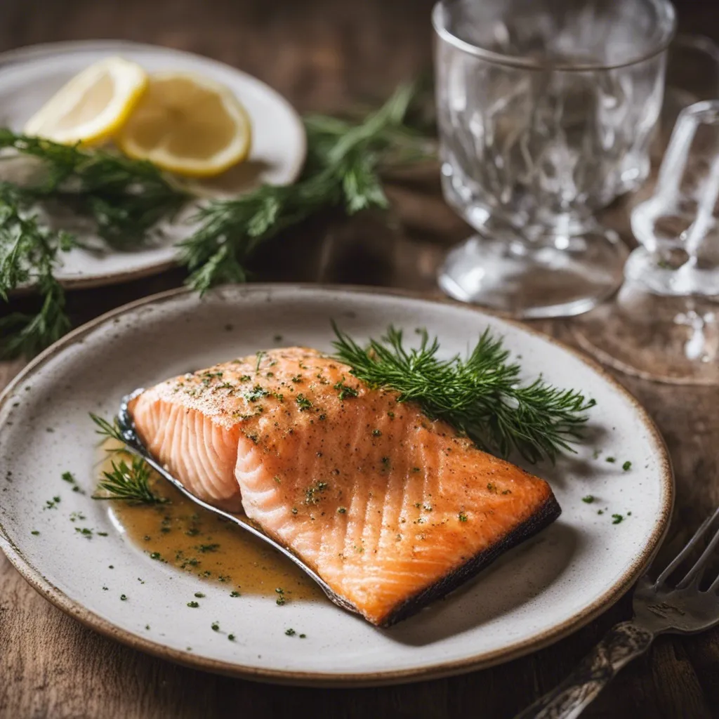 Salmon Meunière in brown butter lemon sauce served with herbs - sliced lemons sit in the background.