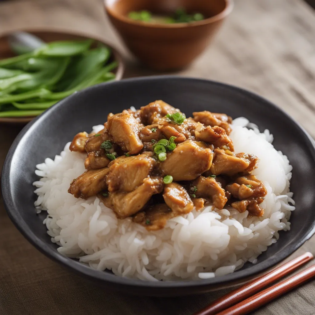 A side view of a bowl of Sha Cha chicken served on a bed of fluffy white steamed rice with additional veggies in the background.