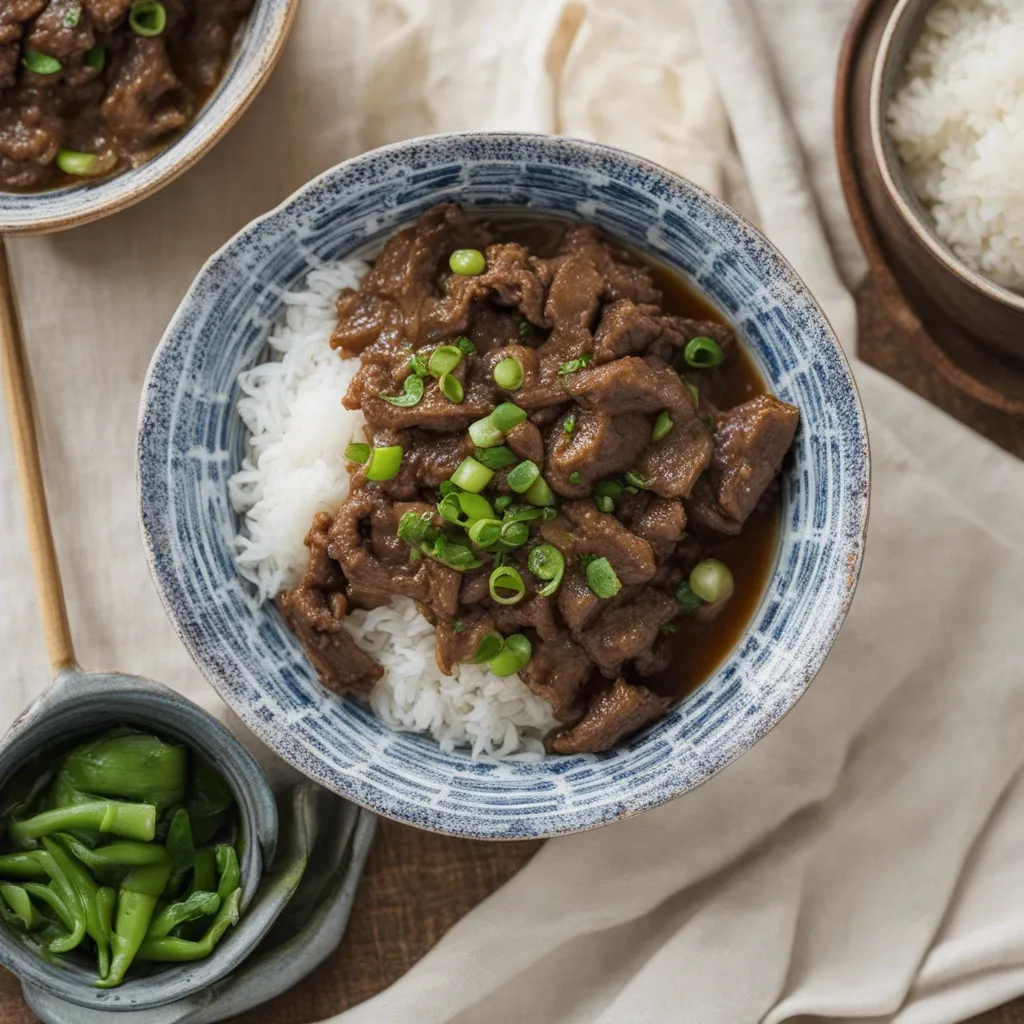 An overhead view of a bowl of Sha Cha beef served on a bed of white fluffy steamed rice garnished with green onions.