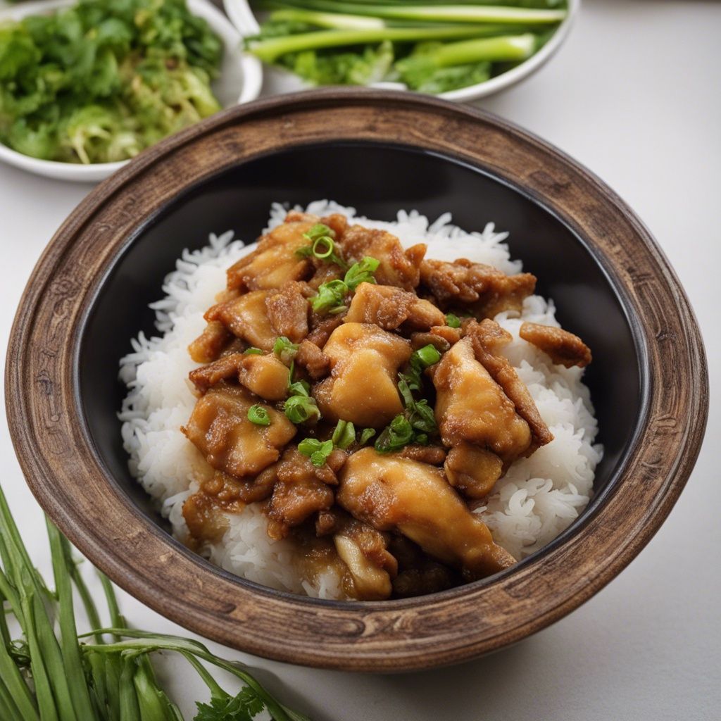 A delicious serving of Sha Cha chicken served on a bed of fluffy white steamed rice garnished with scallions.