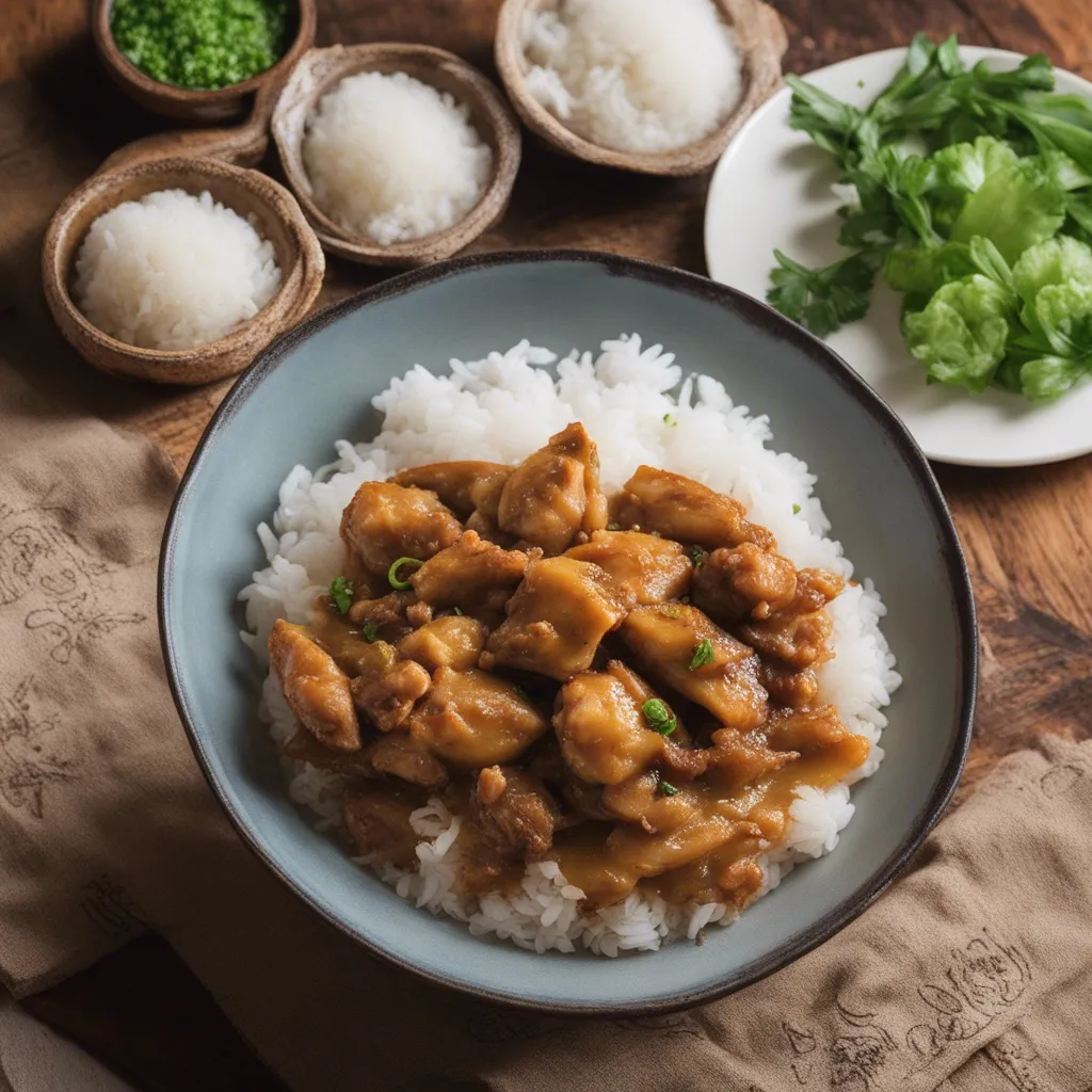 Sha Cha chicken served with steamed rice with other rice bowls in the background and a plate of leafy greens.