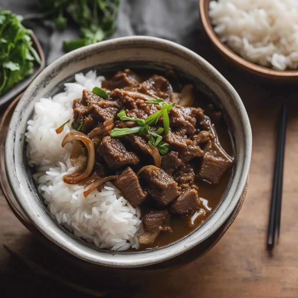 An overhead view of a bowl of Sha Cha beef served with rice and garnished with a green herb, there is additional rice in the background.