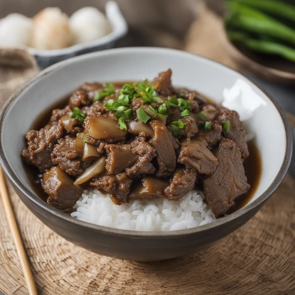 A beautiful bowl of Sha Cha beef served on a bed of white fluffy steamed rice with herbs garnishing the dish.