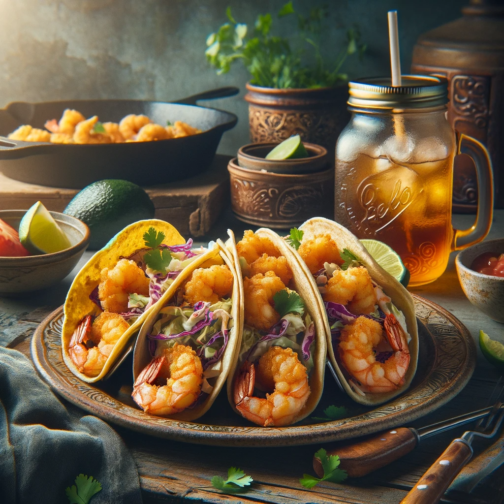 A trio of Shrimp Tacos, with the shrimp cooked to a golden hue and nestled in soft tortillas; they are topped with a slaw of purple cabbage and garnished with fresh cilantro, adding a crunch and freshness to the dish.