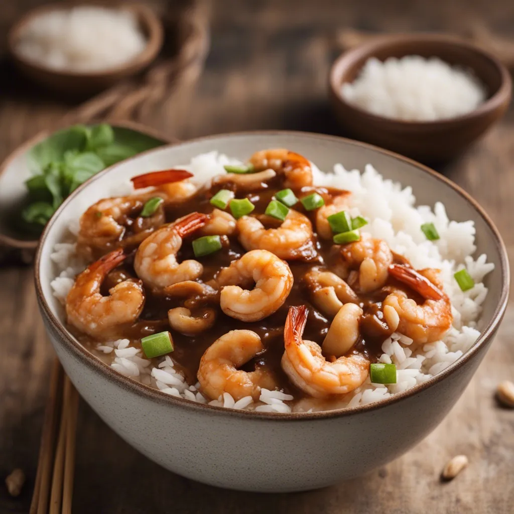 Beautiful plate of cashew shrimp with brown sauce served with rice