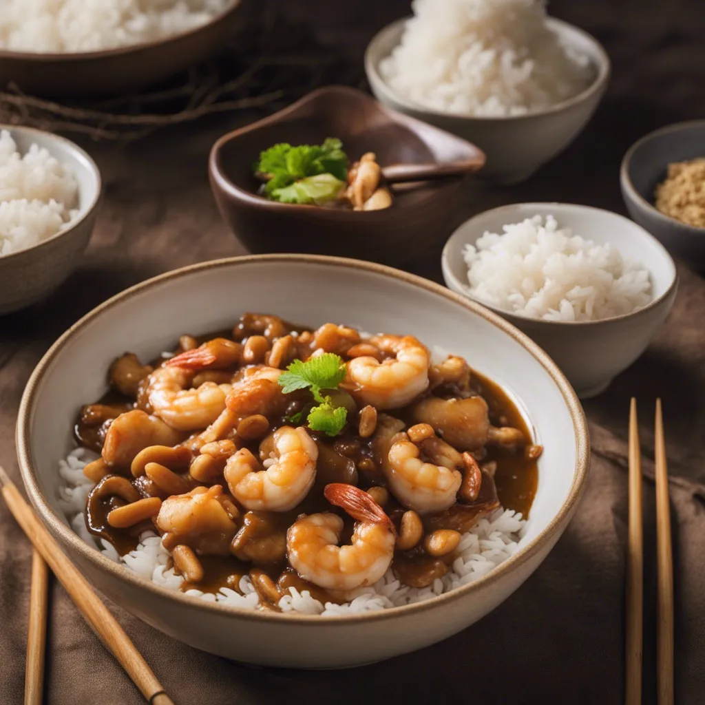 A bowl of cashew shrimp served on a bed of fluffy white rice.