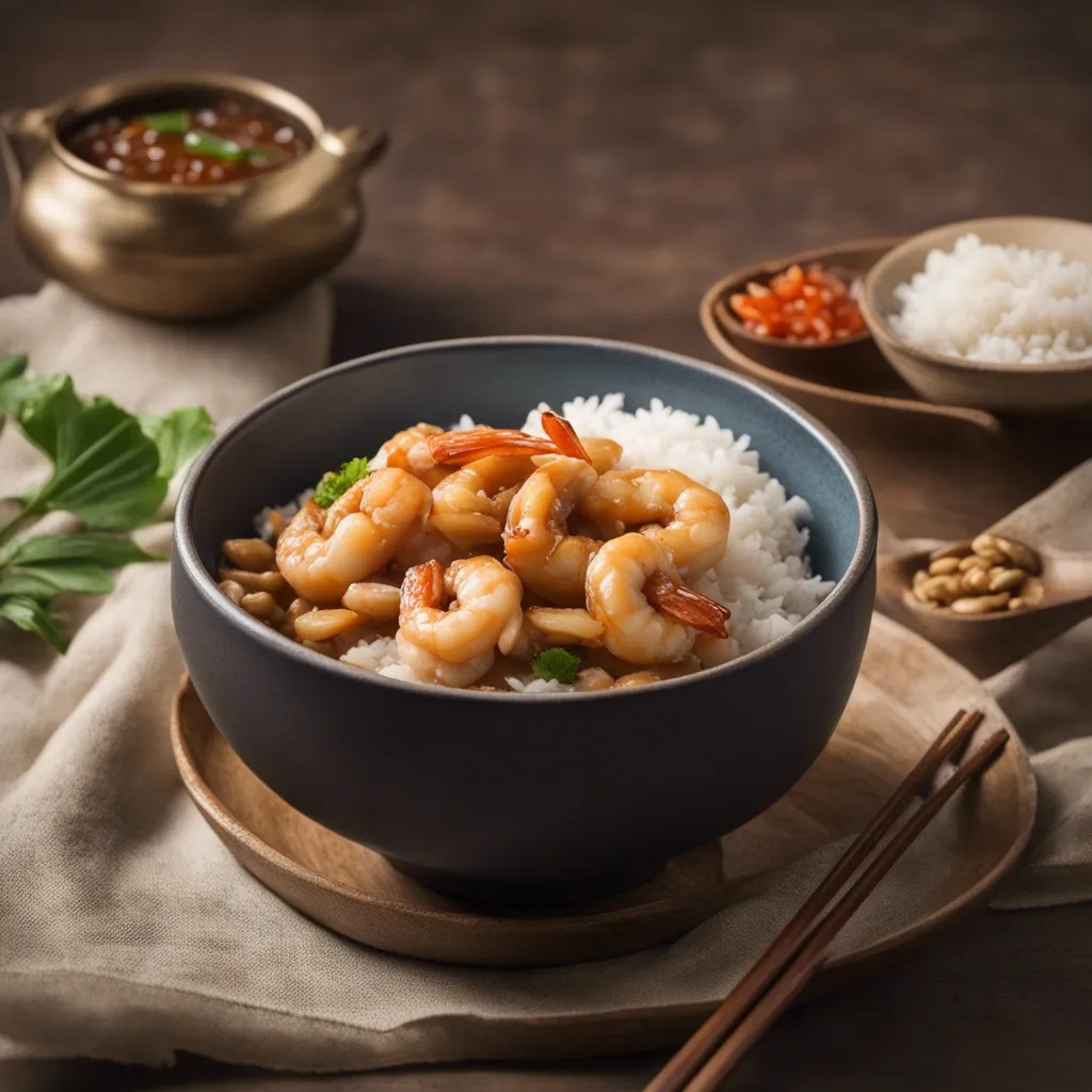 A bowl of cashew shrimp served on a bed of fluffy white rice with additional sauce and rice in the background.