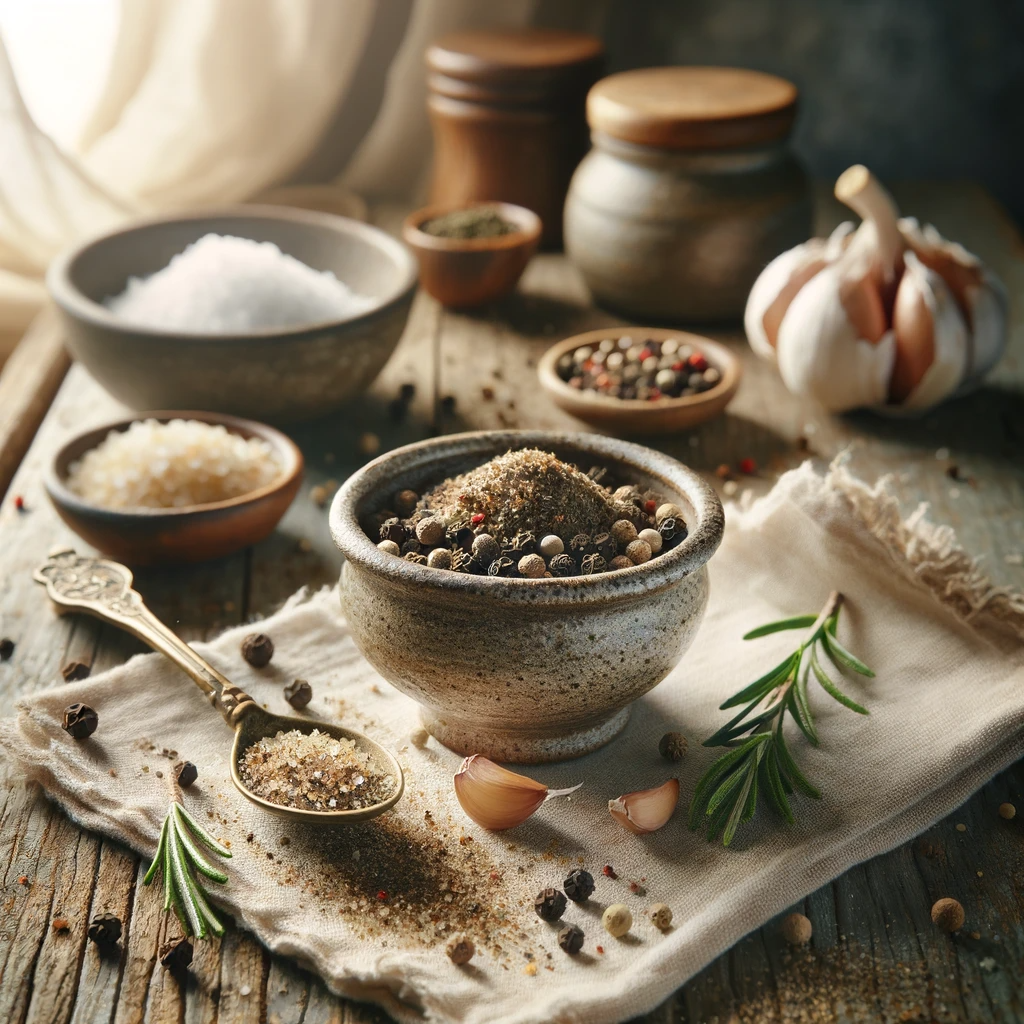 A rustic bowl of Stone House Seasoning topped with whole peppercorns; and beside it there's a sprig of rosemary, peppercorns, salt and garlic cloves.