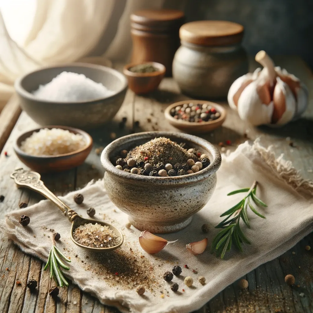 Stone house seasoning in a bowl with pepper corns.