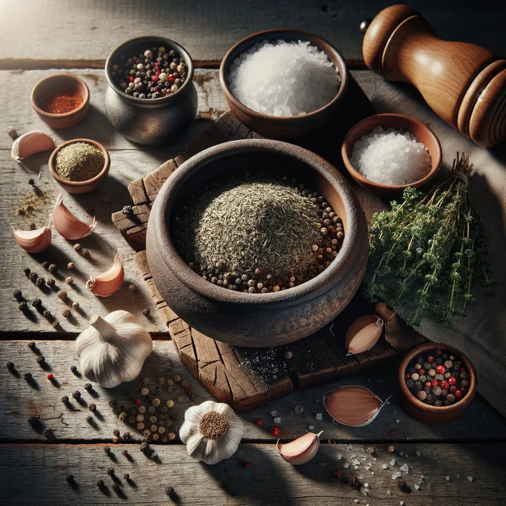 Overhead photo of stone house seasoning surrounded by thyme, garlic cloves, and peppercorns.