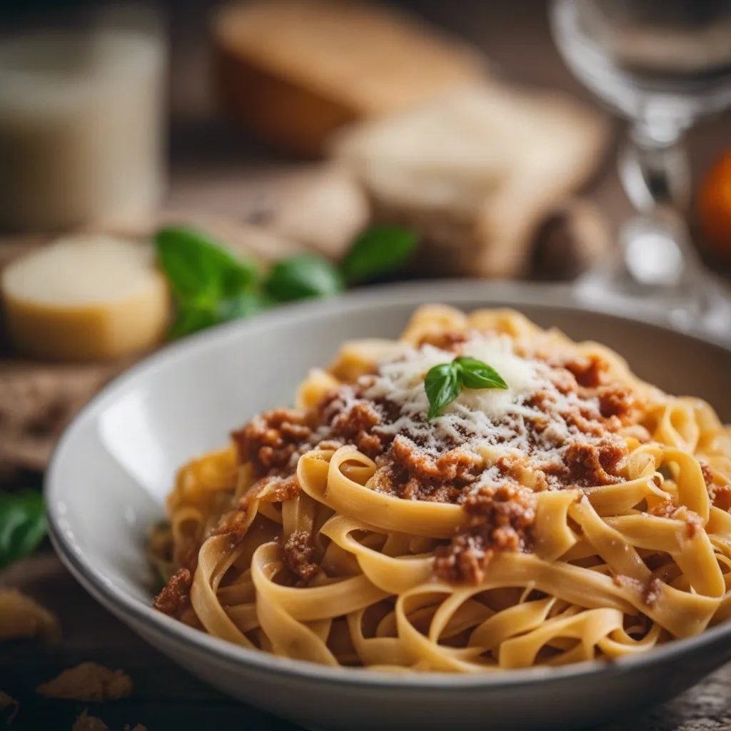 A close up of tagliatelle bolognese garnished with cheese and basil leaves adding a pop of color.