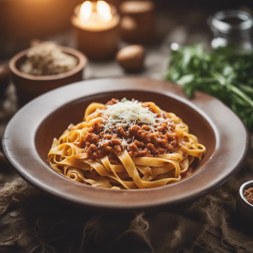 A bowl of tagliatelle bolognese with a generous sprinkling of cheese ready to serve